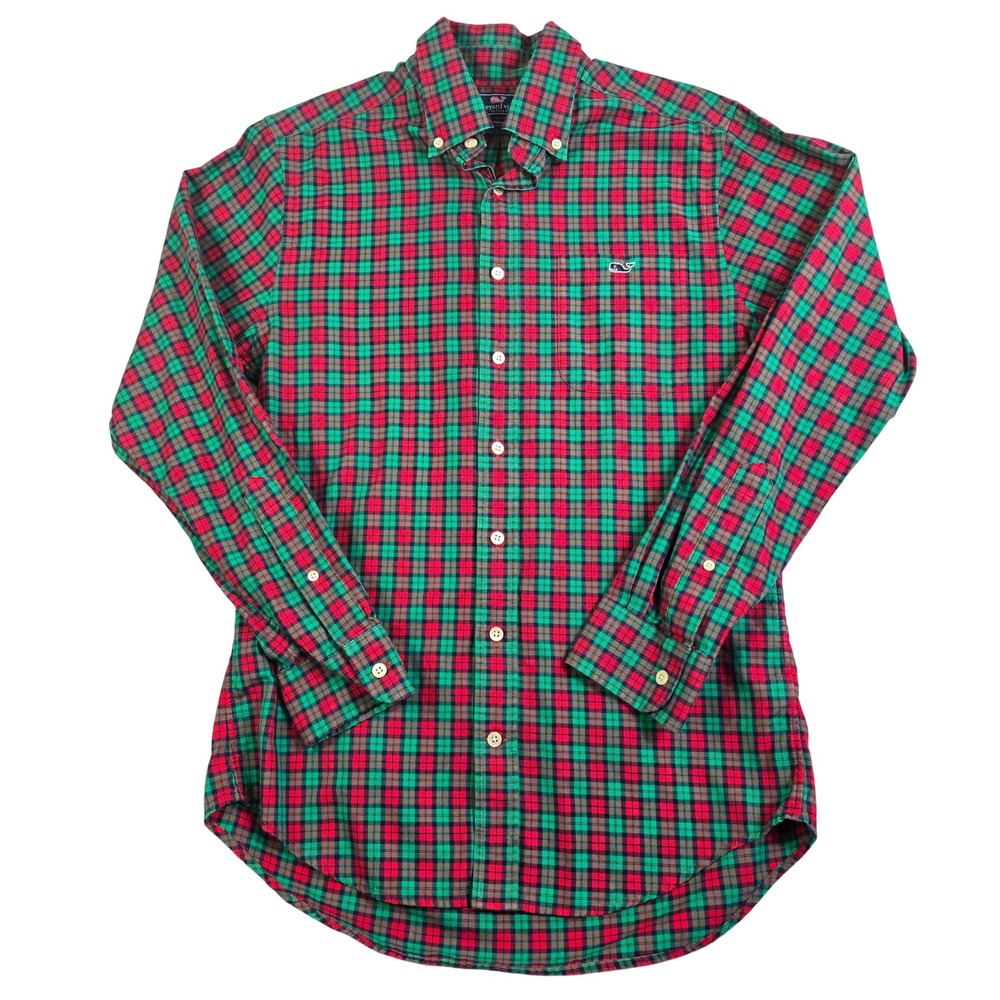 Vineyard Vines Tucker‎ Button Shirt Mens Small Red Green Plaid Slim Fit Cotton